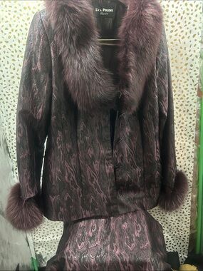 Plum Textured Skirt and Jacket with Faux-Fur Trim